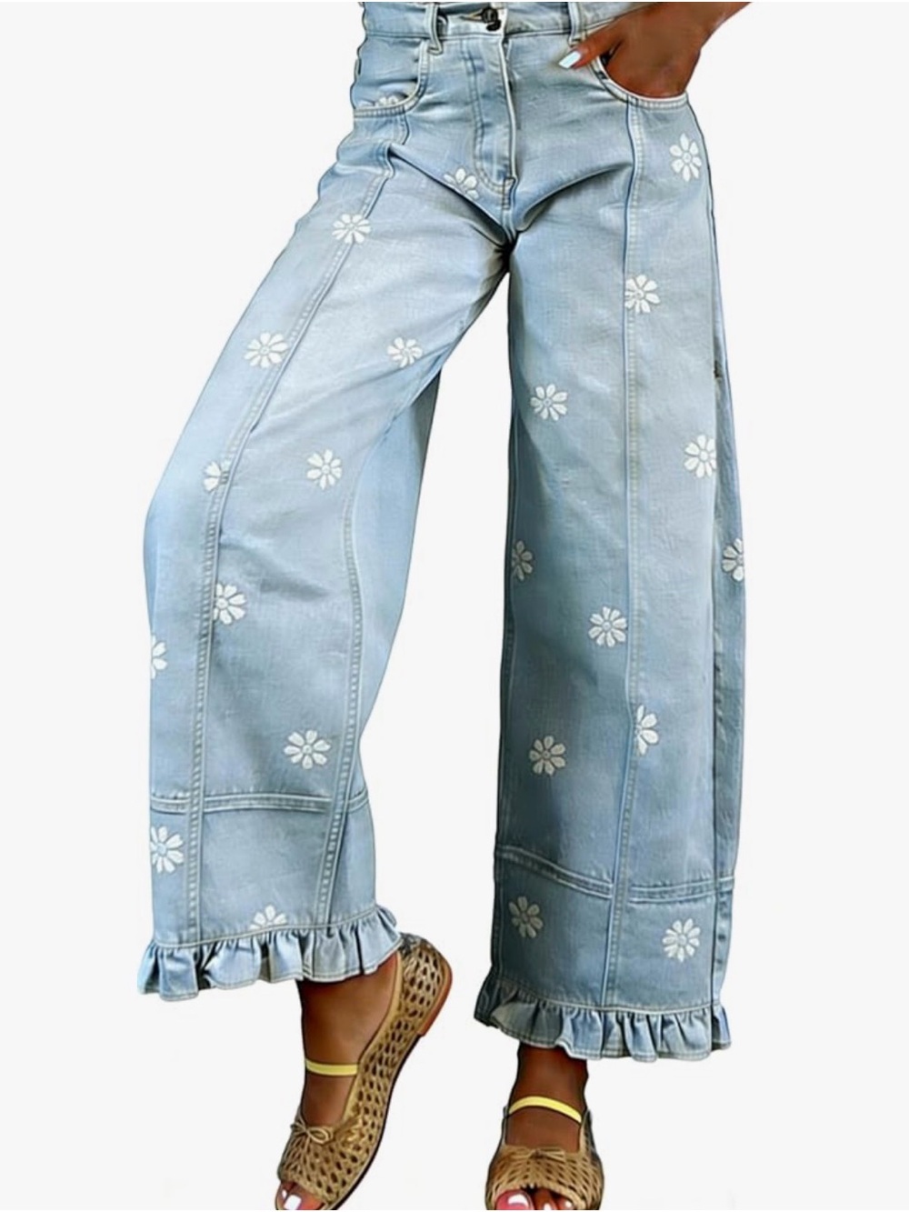 Light Blue Floral Wide-Leg Jeans with Ruffle Hem XL